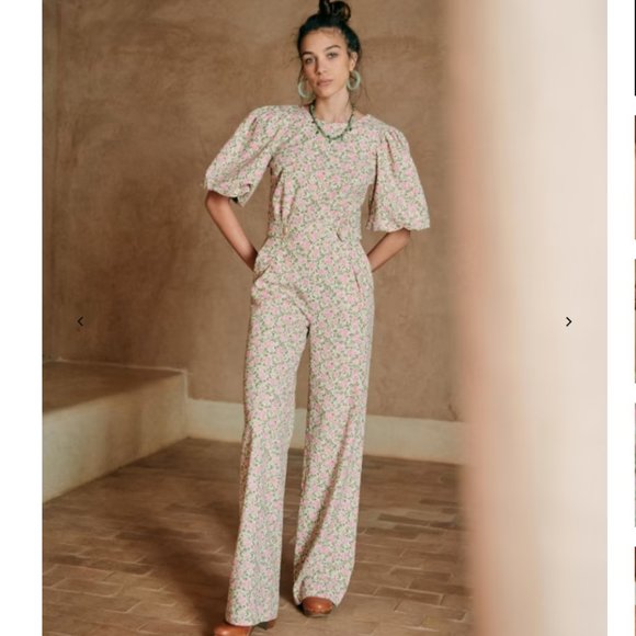 Sezane Pants - Sezane Pink and Cream Jumpsuit with Puff Sleeves and Wide Legs